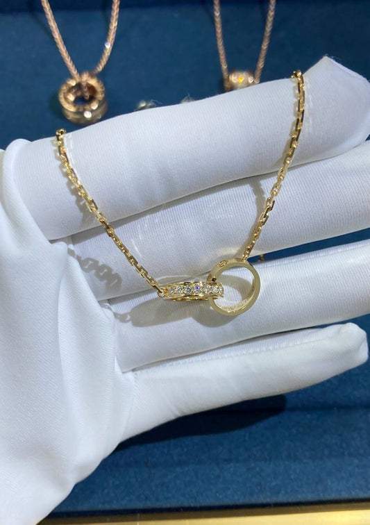 Love half pave diamond double ring chain pendant