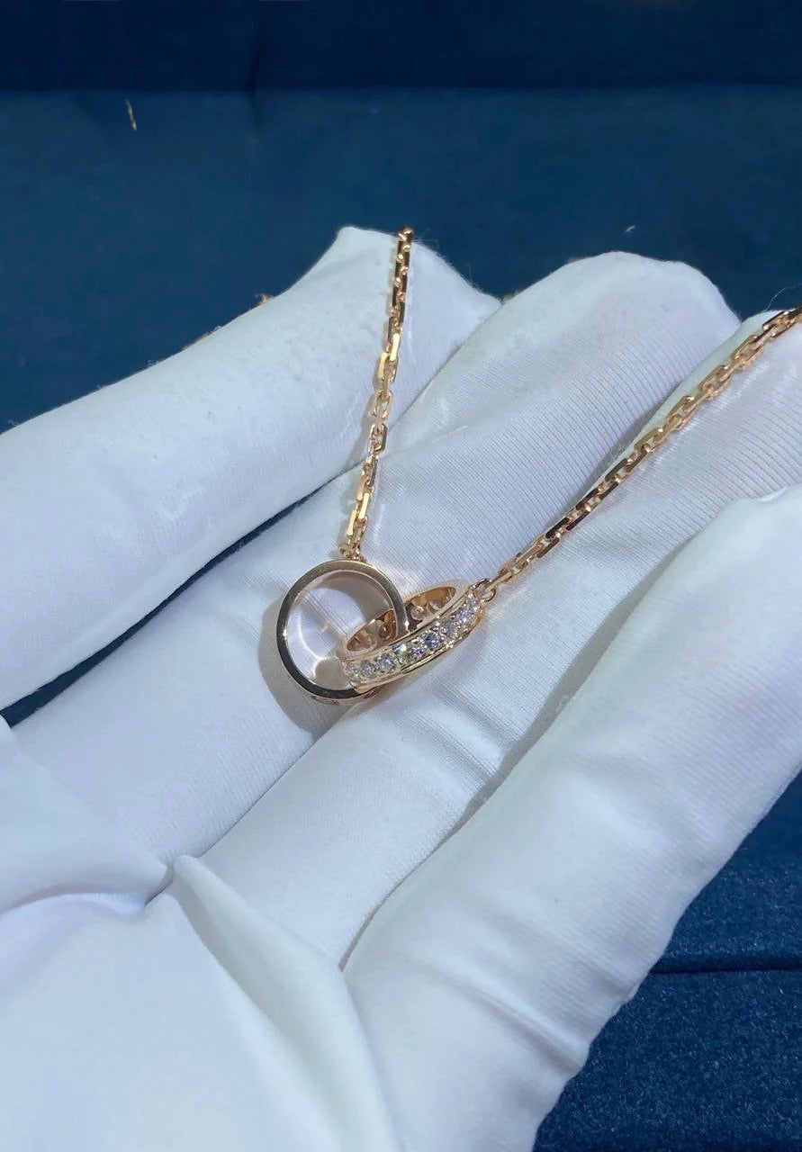 Love half pave diamond double ring chain pendant