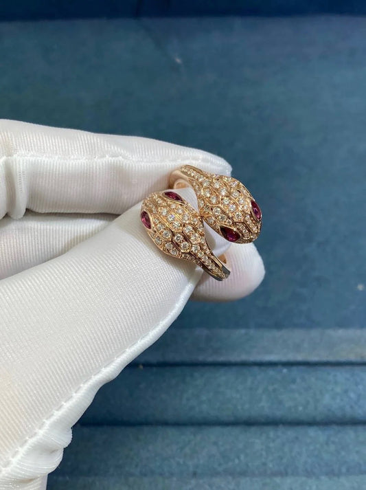 Serpenti double head full pave diamond ring with rubellites