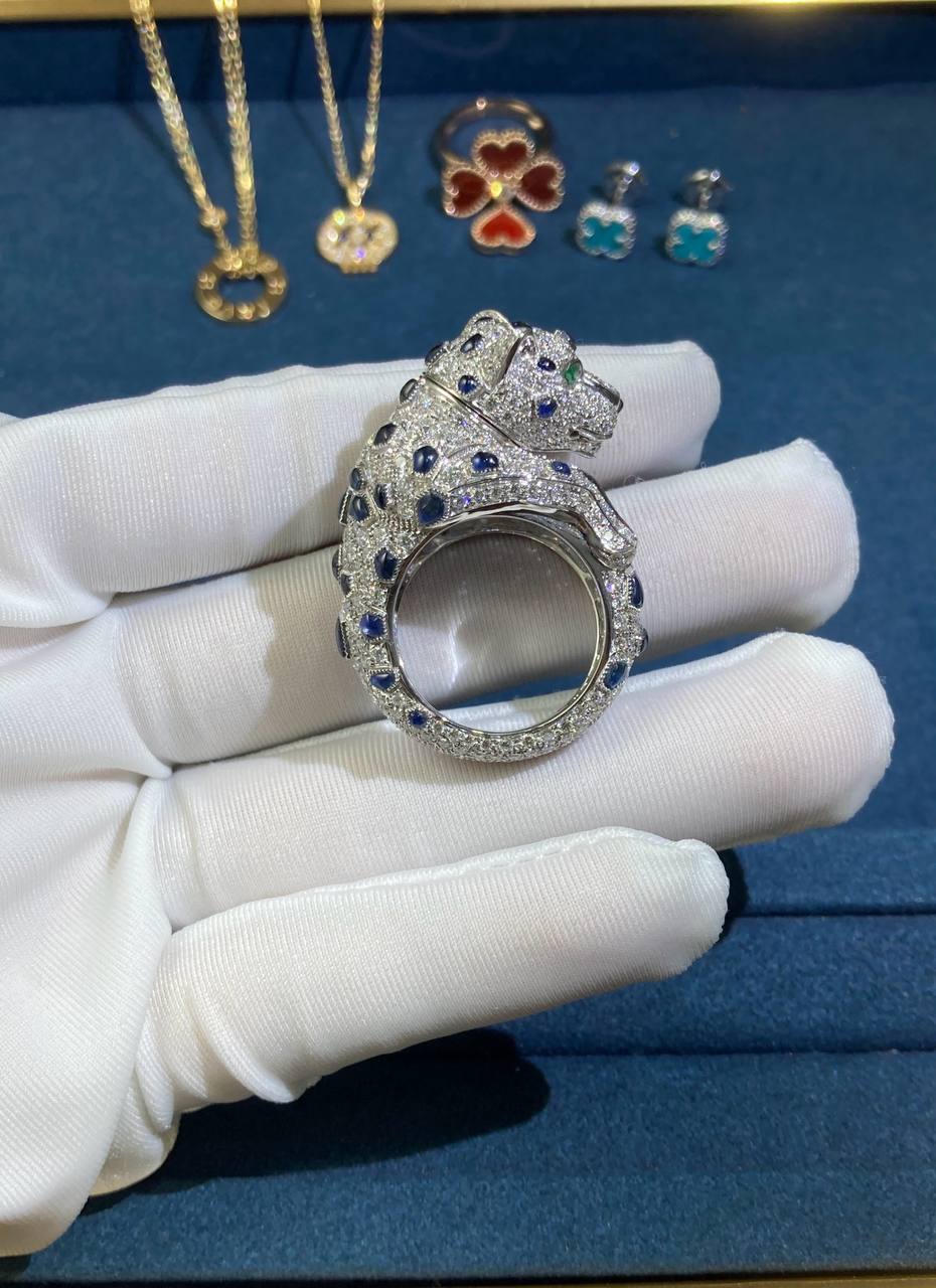 Panther articulated head full pave diamond ring