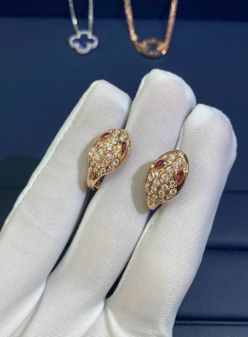 Serpenti earrings with diamonds and rubellites, Small model