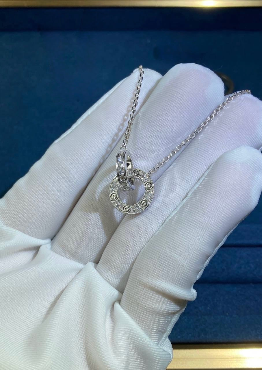 Love full pave diamond double ring chain pendant
