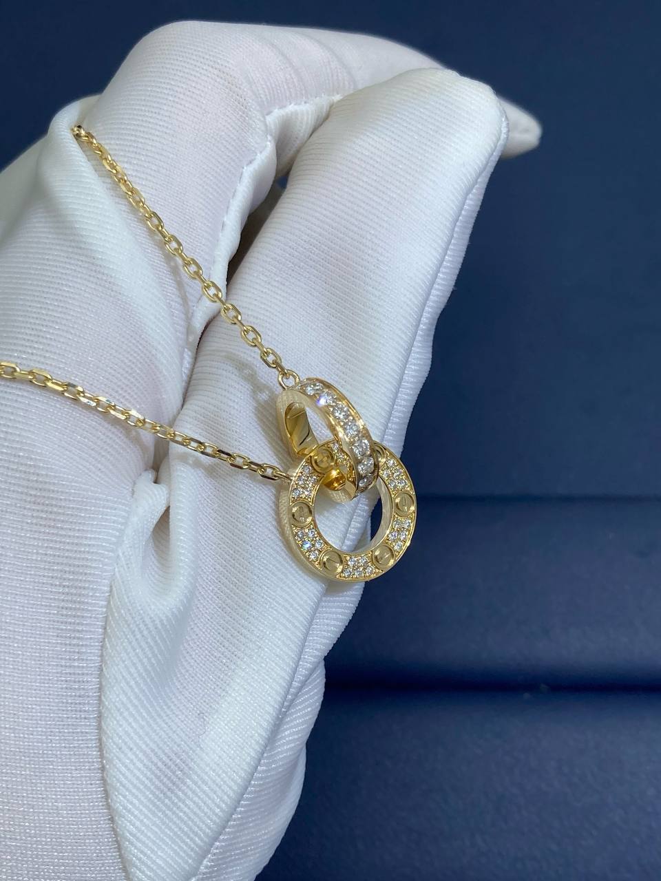 Love full pave diamond double ring chain pendant