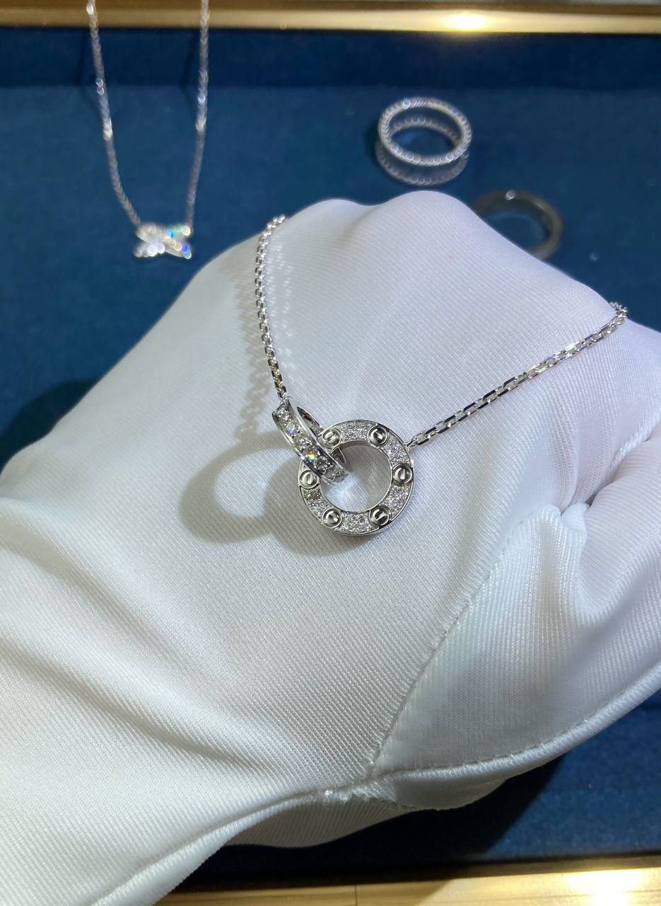 Love full pave diamond double ring chain pendant