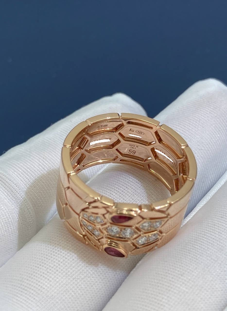 Serpenti ring with diamonds and rubellites