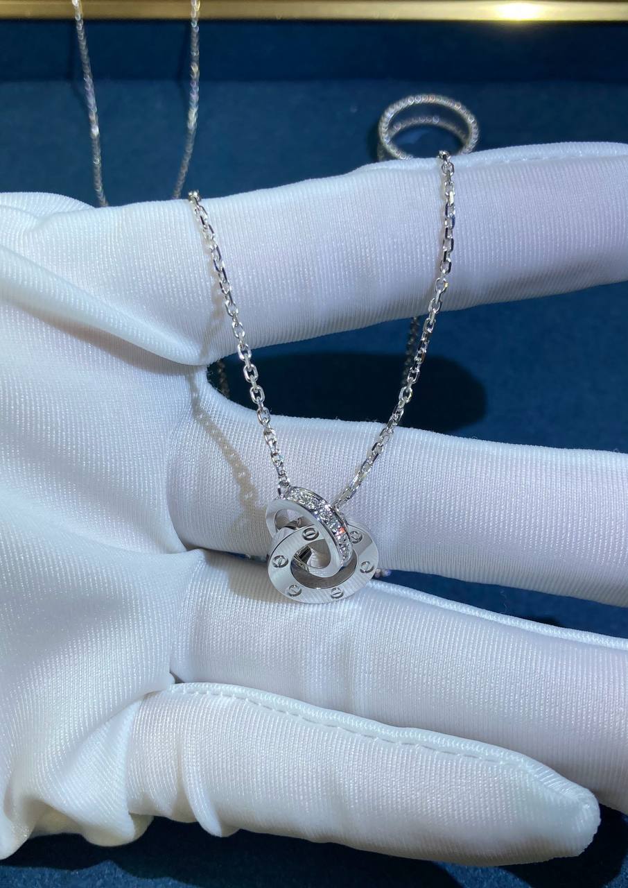 Love full pave diamond double ring chain pendant