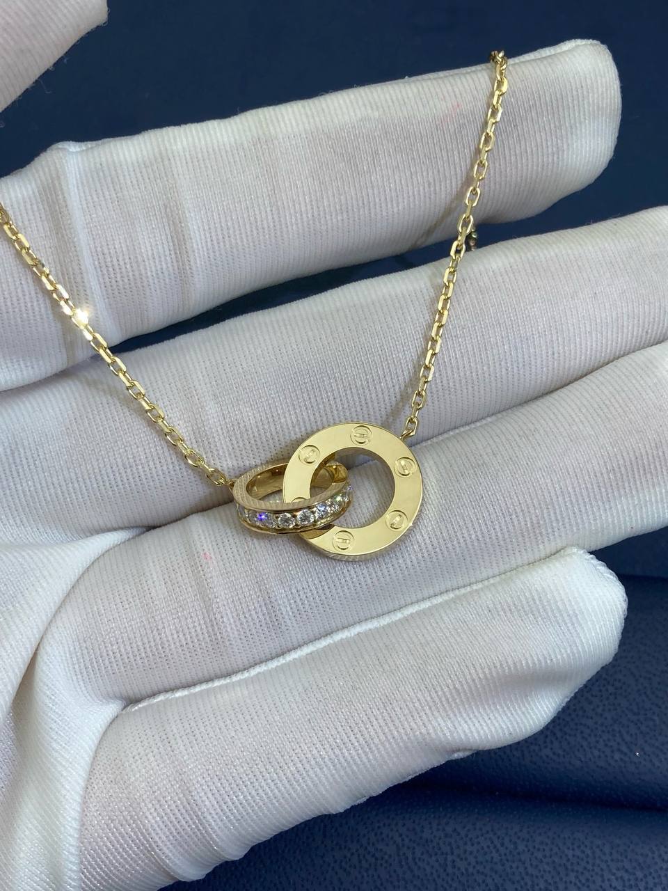 Love full pave diamond double ring chain pendant