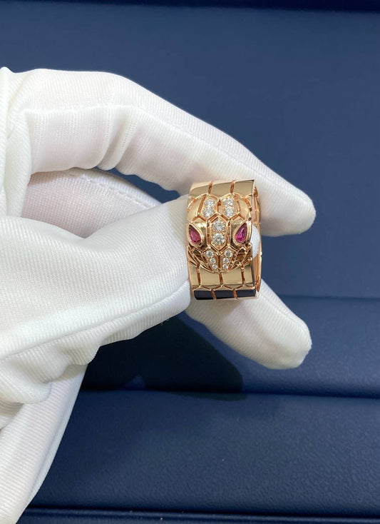 Serpenti ring with diamonds and rubellites