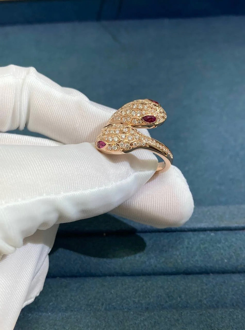 Serpenti double head full pave diamond ring with rubellites
