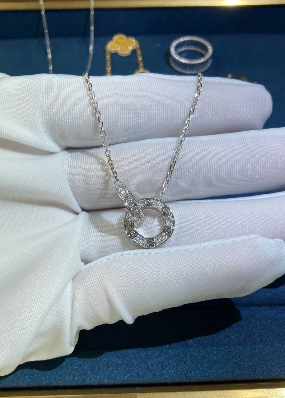 Love full pave diamond double ring chain pendant