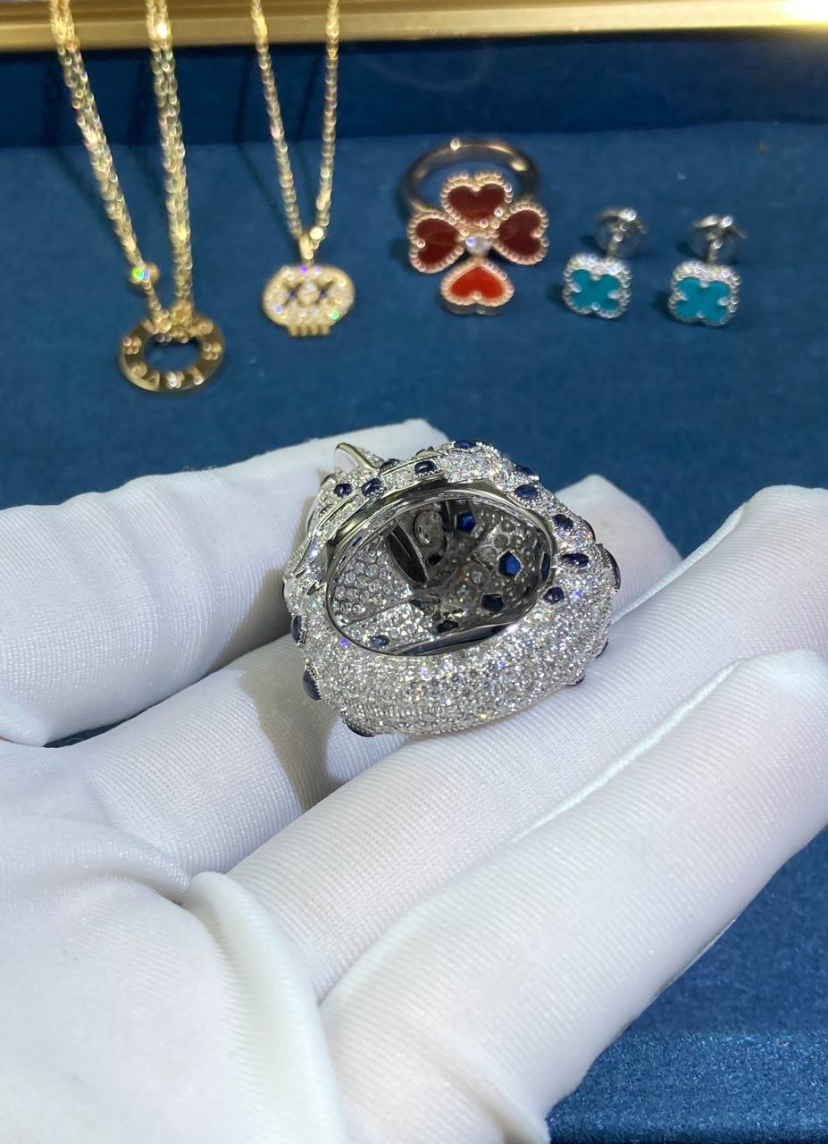 Panther articulated head full pave diamond ring
