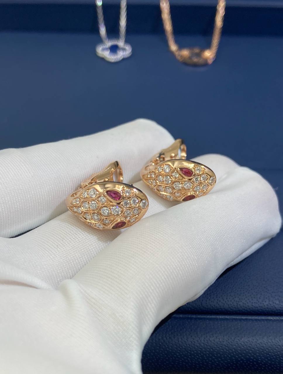 Serpenti earrings with diamonds and rubellites, Small model