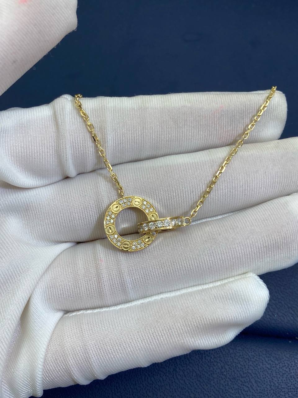 Love full pave diamond double ring chain pendant