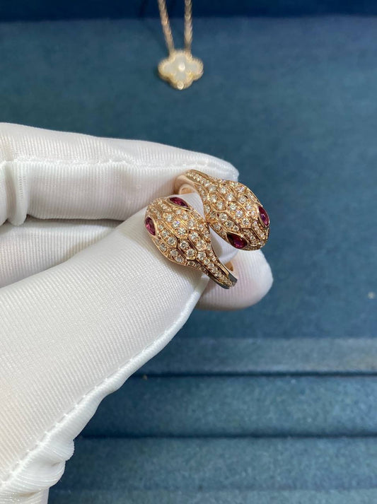 Serpenti double head full pave diamond ring with rubellites
