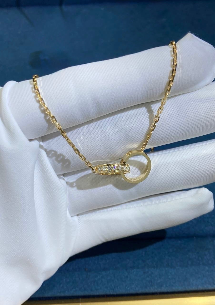 Love half pave diamond double ring chain pendant