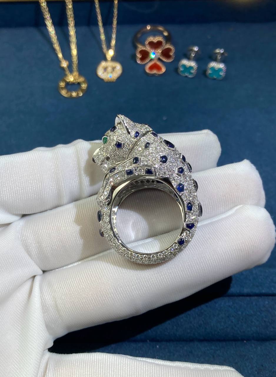 Panther articulated head full pave diamond ring