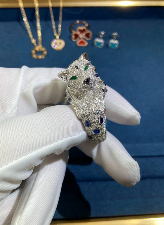 Panther articulated head full pave diamond ring