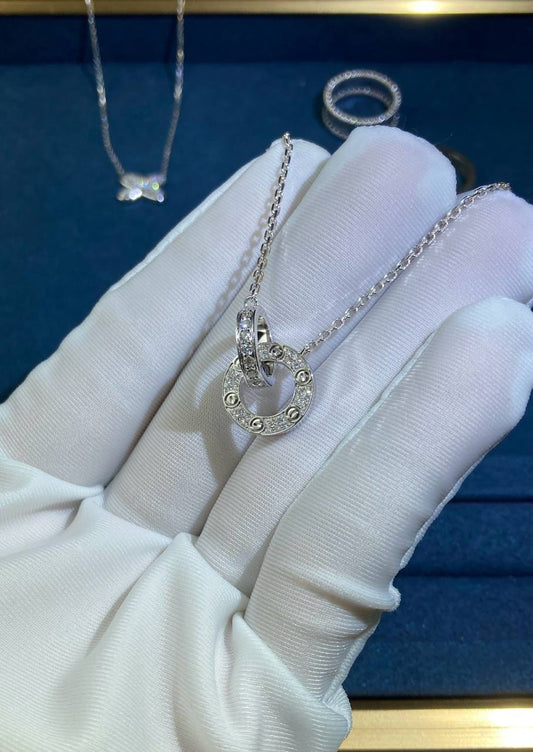 Love full pave diamond double ring chain pendant