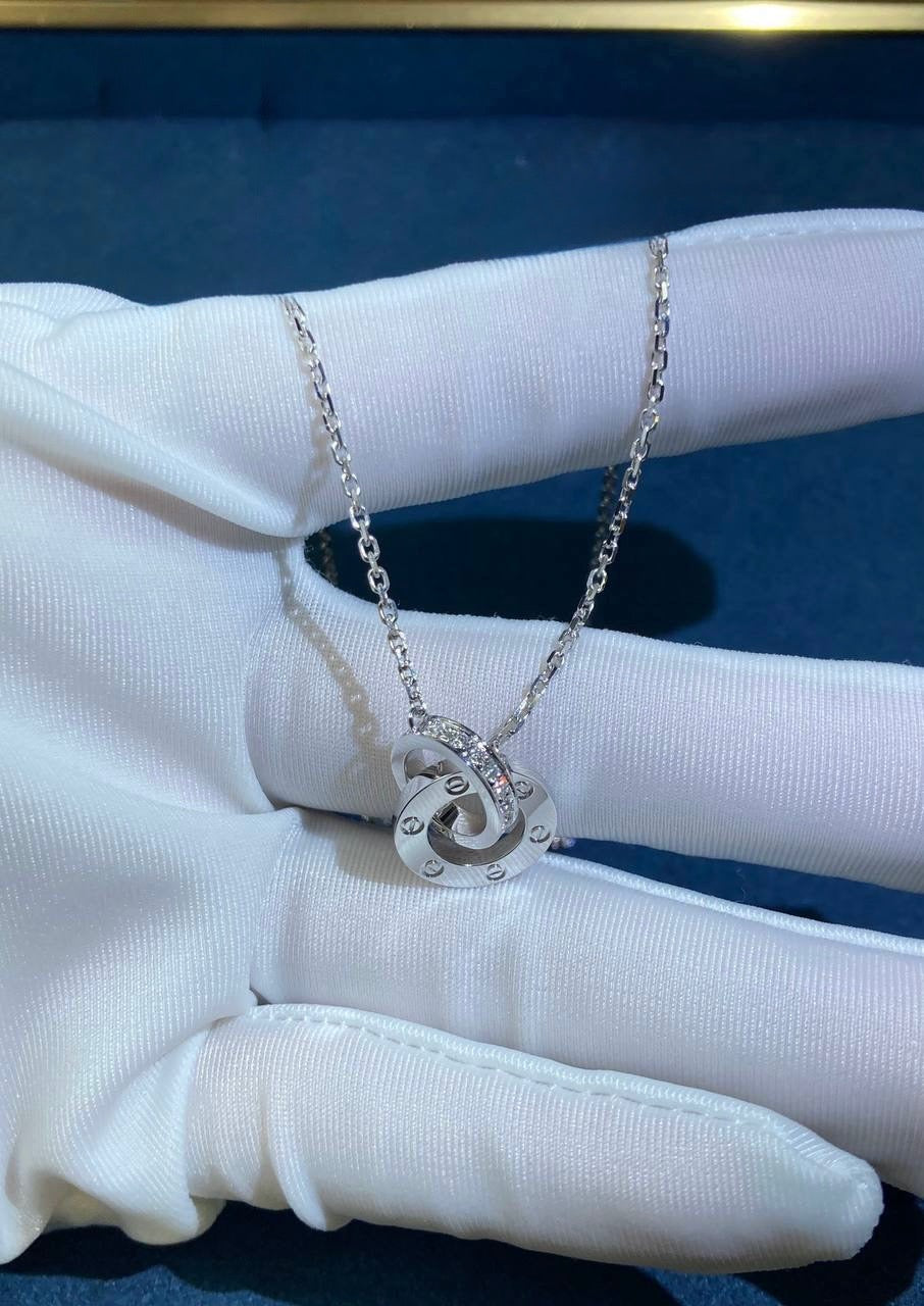 Love full pave diamond double ring chain pendant