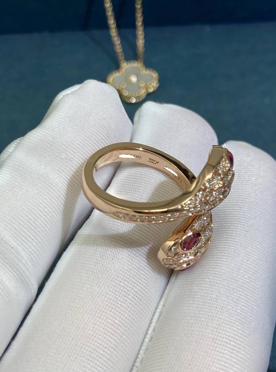 Serpenti double head full pave diamond ring with rubellites